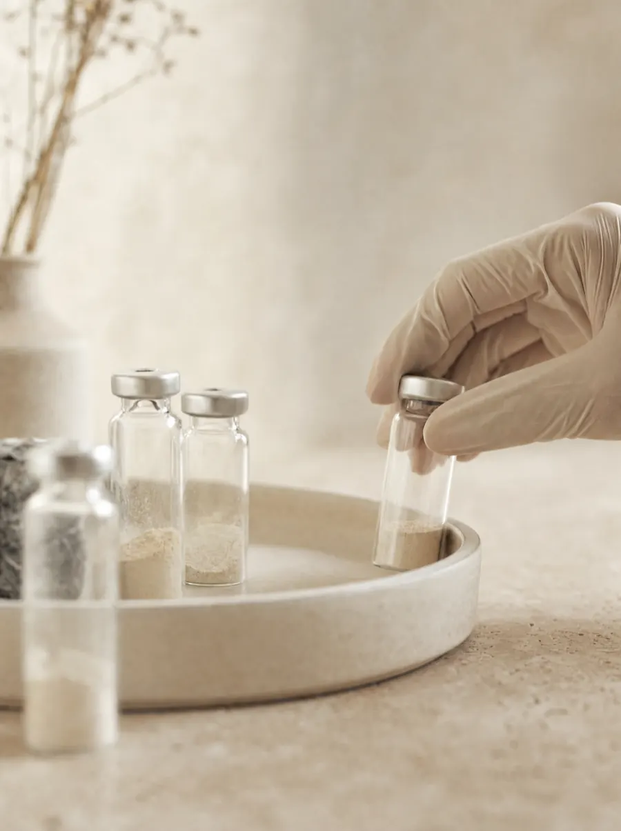 A gloved hand setting a sealed glass vial of lyophilised medicine onto a ceramic tray.